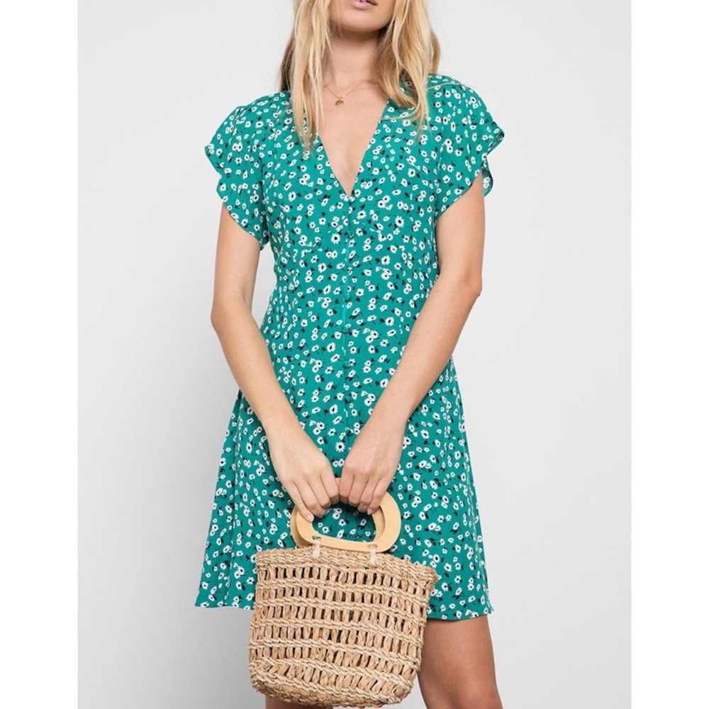 Rails Helena Sweet Pea Green Ditsy Floral Button Front Mini Dress Short Sleeve